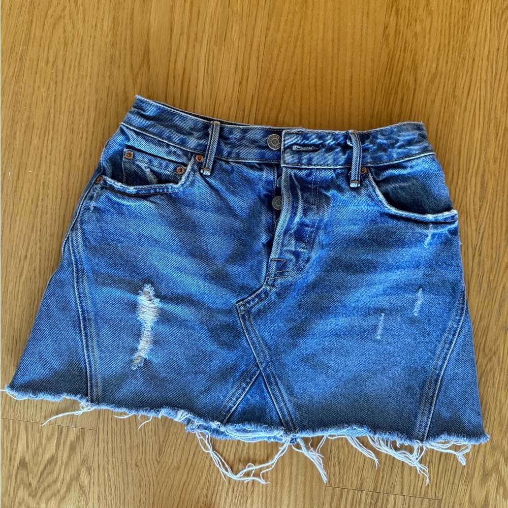 GRLFRND Asymmetrical Distressed Denim Skirt